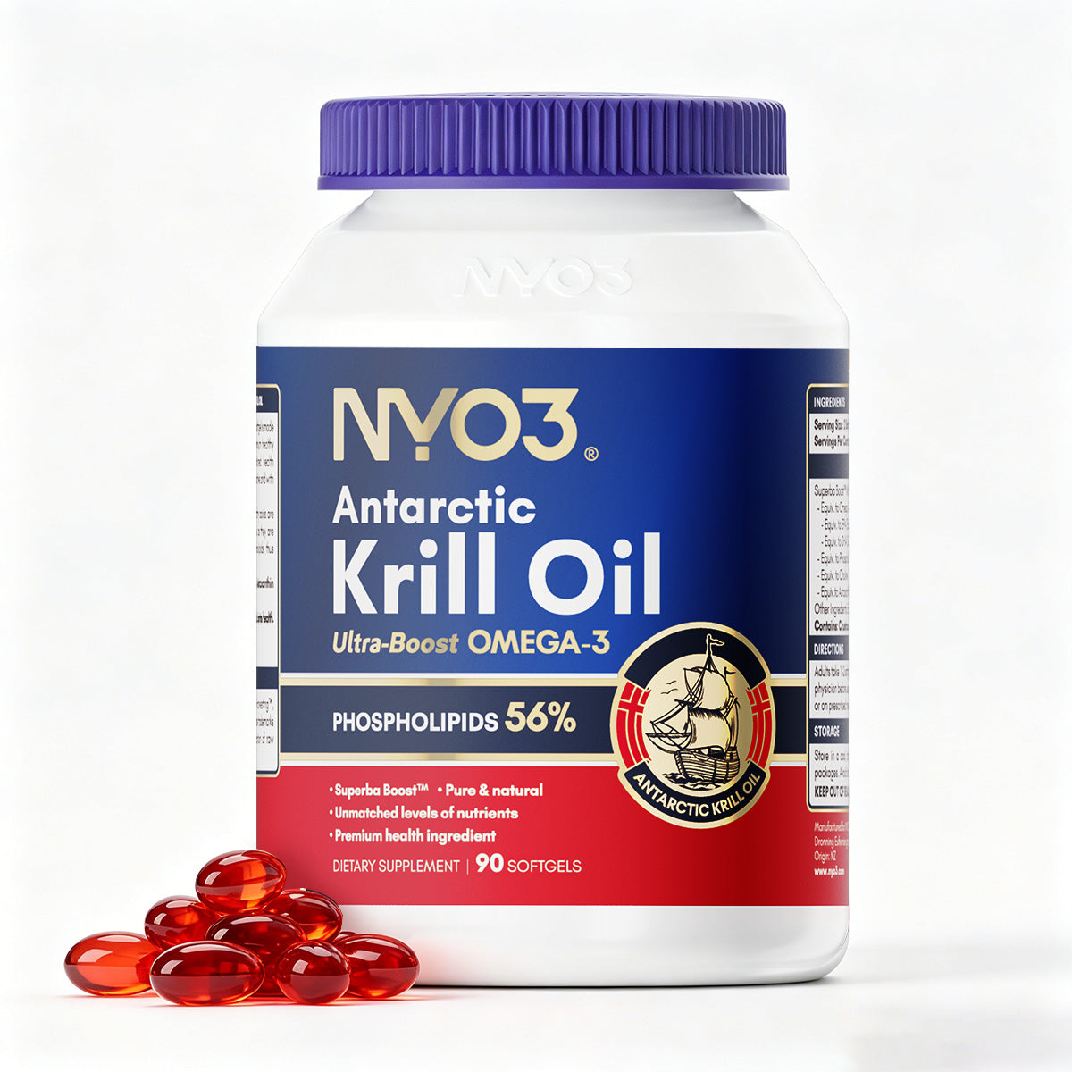 NYO3® Antarctic Krill Oil – 56% Phospholipids 500mg 90 Softgels