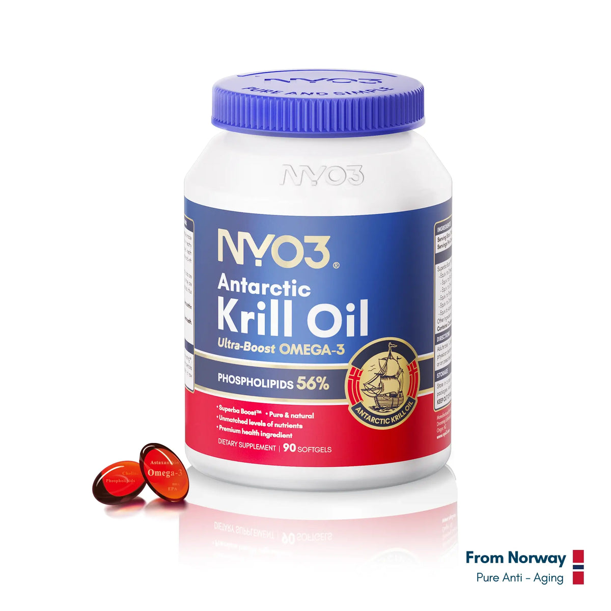 NYO3® Antarctic Krill Oil – 56% Phospholipids 500mg 90 Softgels