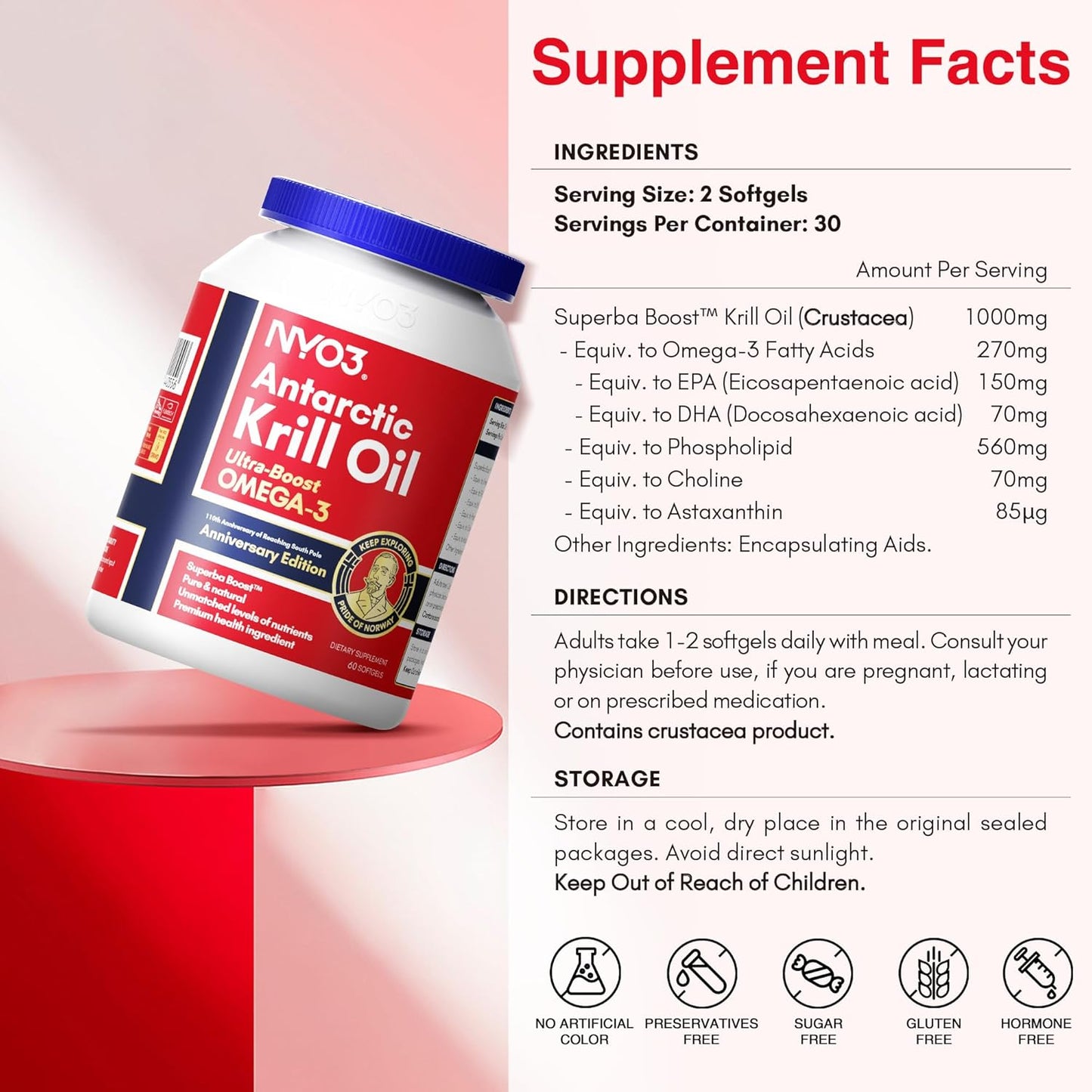 NYO3® Antarctic Krill Oil Amundsen Omega-3 Softgels. 60ct