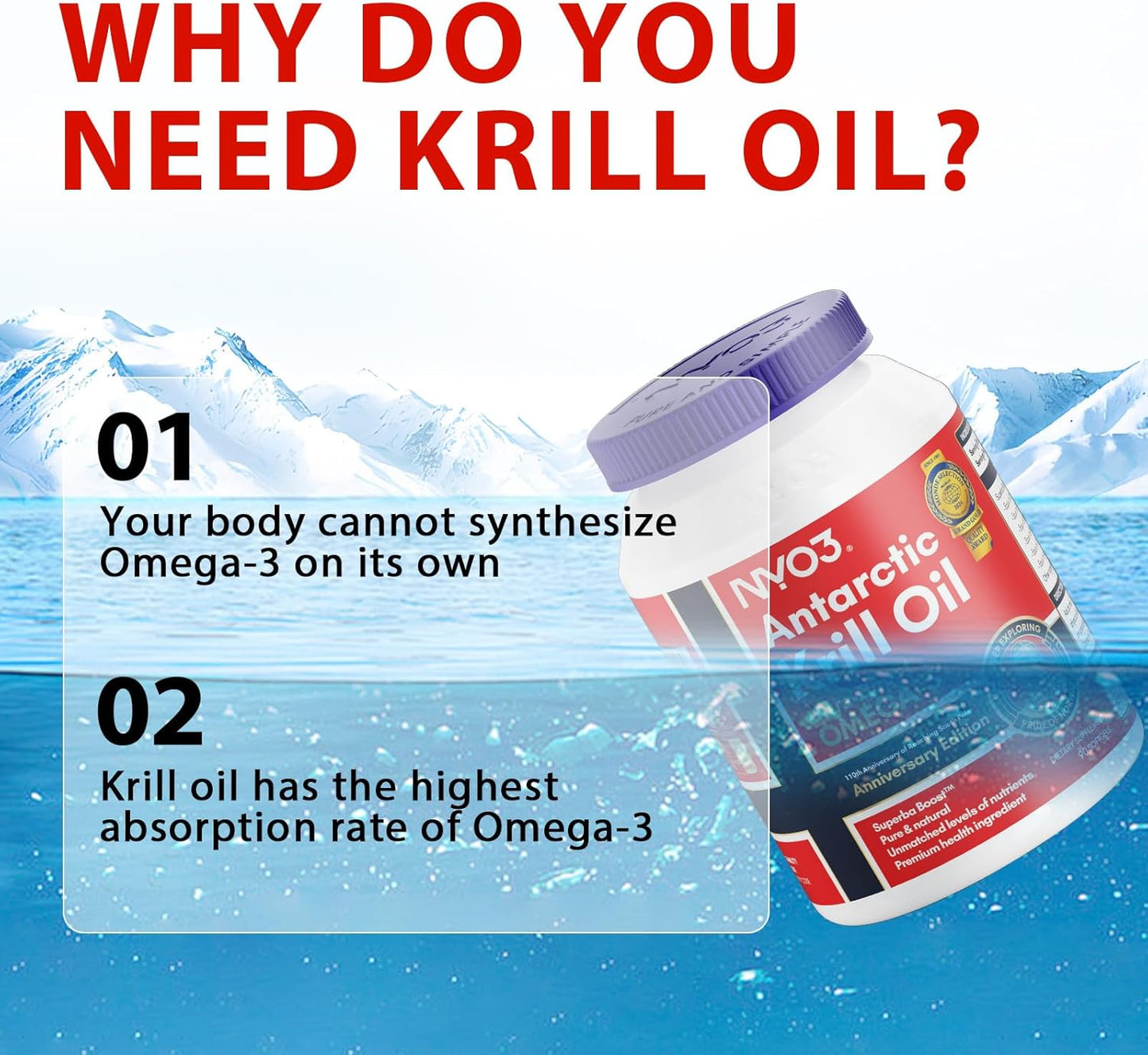 NYO3® Antarctic Krill Oil Amundsen Omega-3 Softgels. 60ct