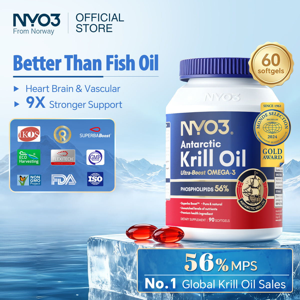 NYO3® Antarctic Krill Oil – 56% Phospholipids 500mg 90 Softgels